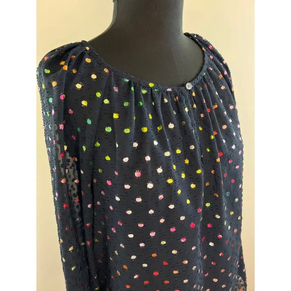 J. Crew Popover Long Sleeve Navy Blue Multi Rainbow Clip Dot Chiffon Blouse M